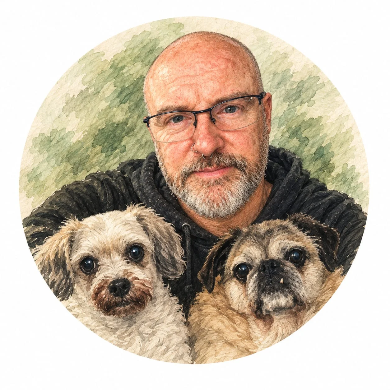 A painted portrait of Christopher, founder of Our Next Step, with his two dogs, Dave and Dory