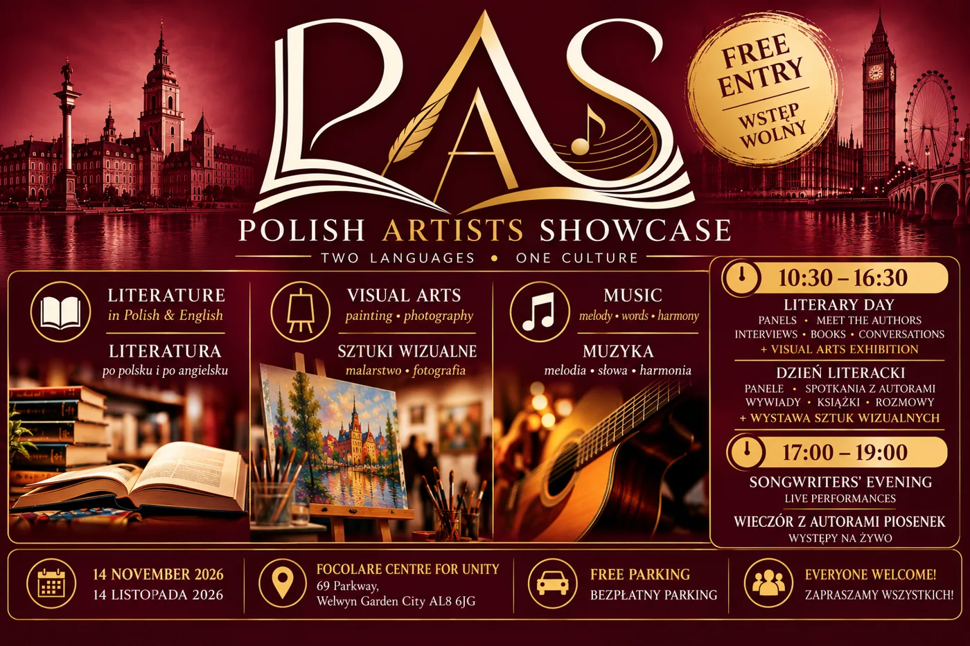 Bilingual poster for Polish Artists Showcase: literature in Polish and English, visual arts, and music; literary day 10.30 to 16.30 with panels, author interviews and a visual arts exhibition; songwriters' evening 17.00 to 19.00; 14 November 2026 at the Focolare Centre for Unity, 69 Parkway, Welwyn Garden City AL8 6JG; free entry, free parking, everyone welcome