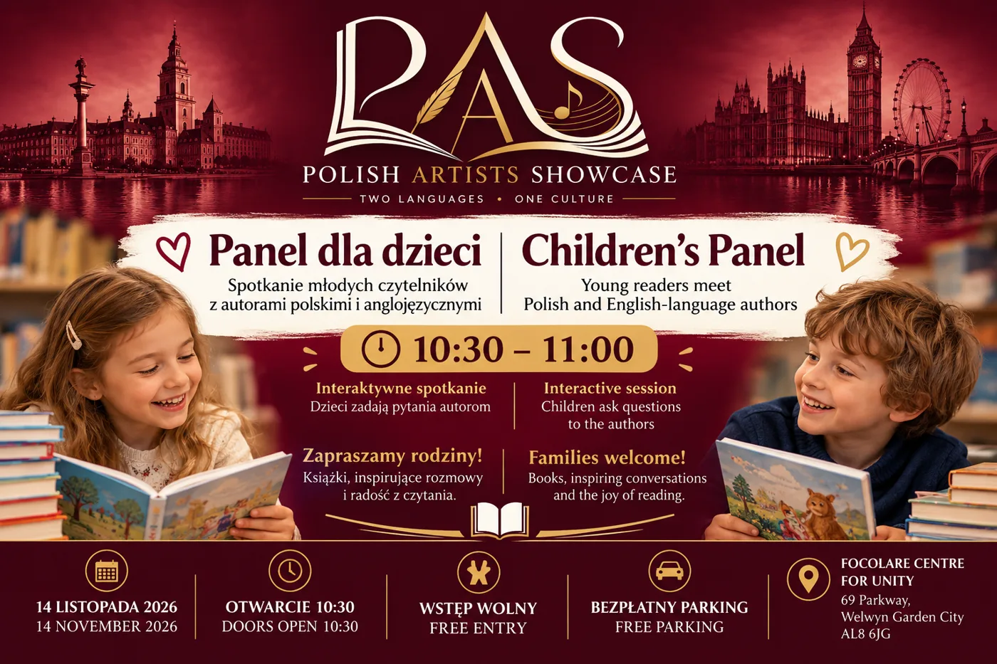 Bilingual poster for the Polish Artists Showcase children's panel, Panel dla dzieci: young readers meet Polish and English-language authors, 10.30 to 11.00, an interactive session where children ask the authors questions, families welcome; 14 November 2026, doors open 10.30, free entry, free parking, Focolare Centre for Unity, 69 Parkway, Welwyn Garden City AL8 6JG